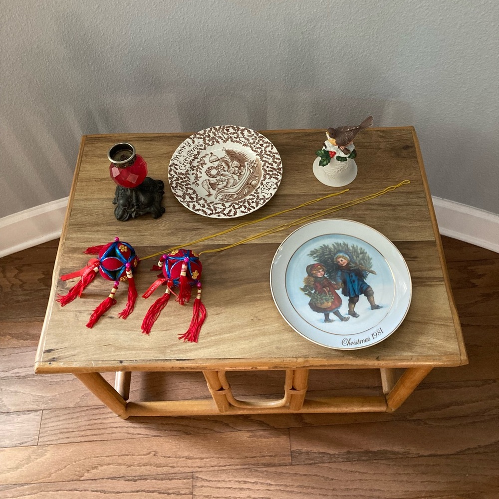 Lot of 6 Christmas items - candleholder, 2 ornaments, 2 plates, bird bell